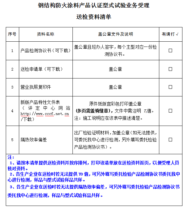 鋼結構防火涂料產品認證型式試驗業(yè)務受理送檢資料清單（廣東所）
