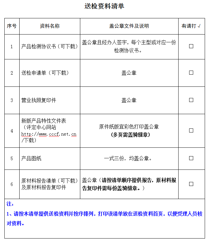 消防斧產(chǎn)品認證型式試驗業(yè)務受理送檢資料清單（廣東所）